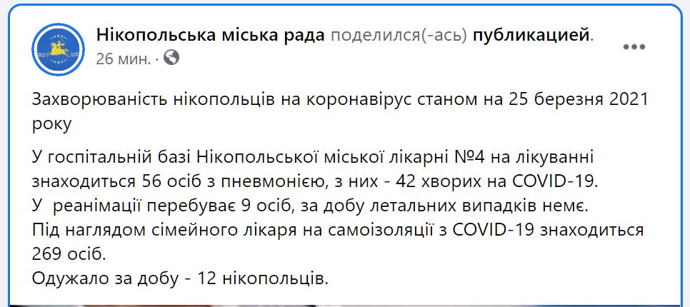[:ru]Ситуация с коронавирусом в Никополе на 26 марта[:ua]Ситуація з коронавірусом у Нікополі на 26 березня[:]
