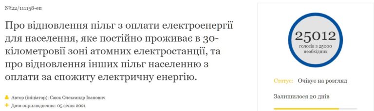 [:ru]Петиция о возвращении льгот на электроэнергию набрала достаточное количество голосов[:ua]Петиція про повернення пільг на електроенергію набрала достатню кількість голосів[:]