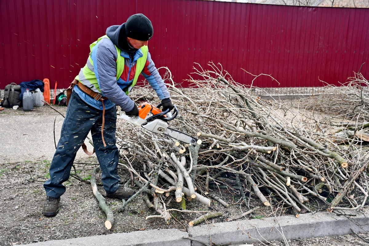 комунальникик обрізають дерева у Нікополі