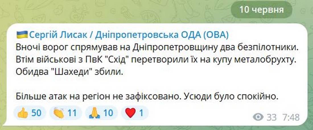 Вночі ворог атакував Дніпропетровщину безпілотниками