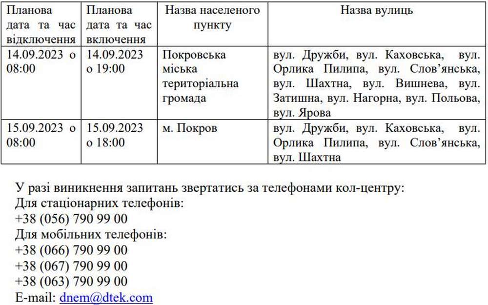 Відключення світла у Покровській громаді 14 і 15 вересня: адреси
