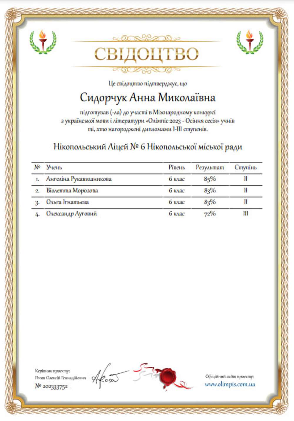 Шестеро учнів нікопольського ліцею №6 перемогли у Міжнародному конкурсі з української мови і літератури