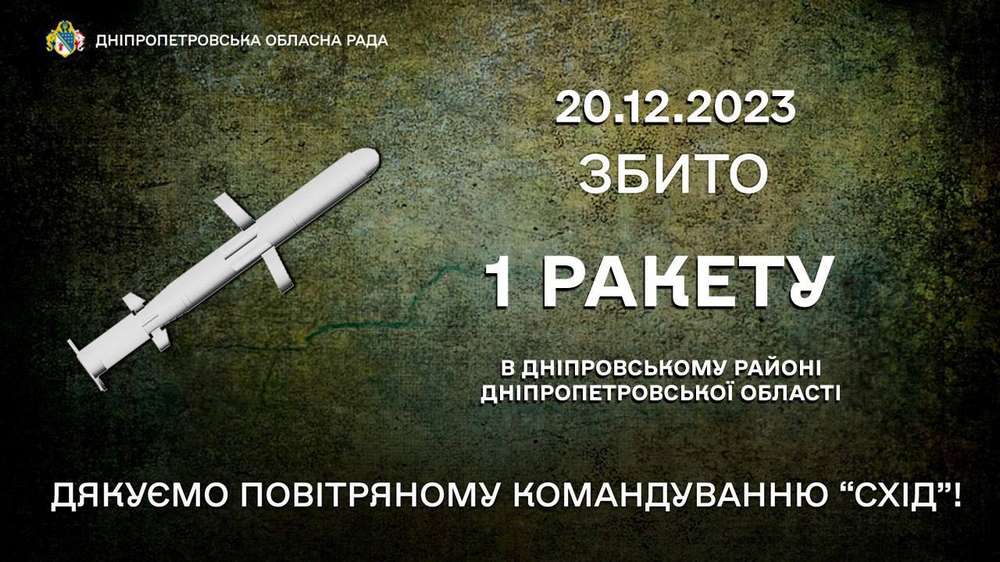 Над Дніпропетровщиною 20 грудня збили ворожу ракету
