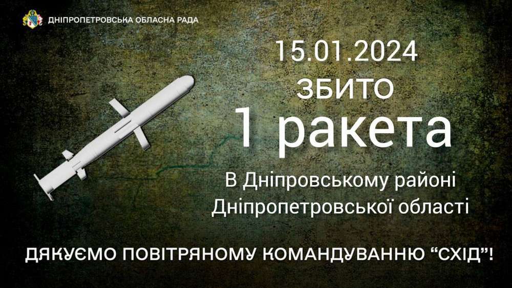 Над Дніпропетровщиною збили ворожу ракету 15 січня