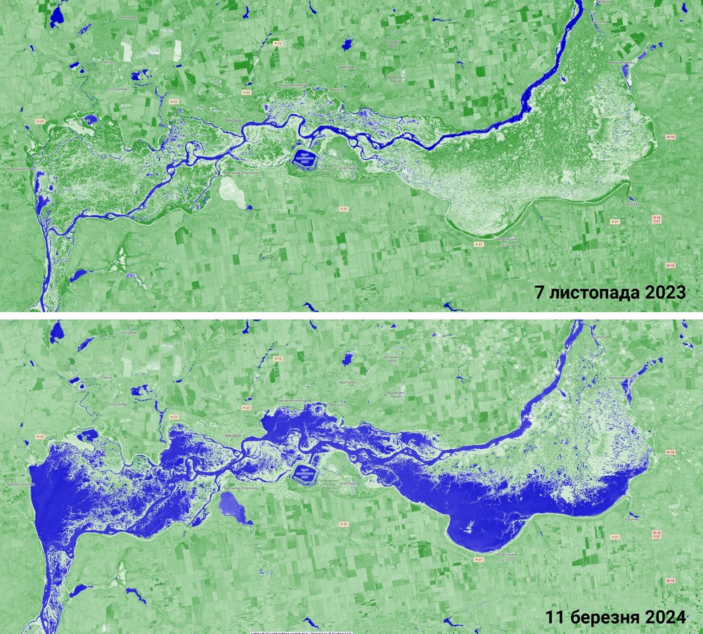 Порівняння вигляду Каховського водосховища 7 листопада 2023 року та 11 березня 2024 / фото texty.org.ua