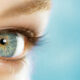 Close up of a woman blue eye on blue background