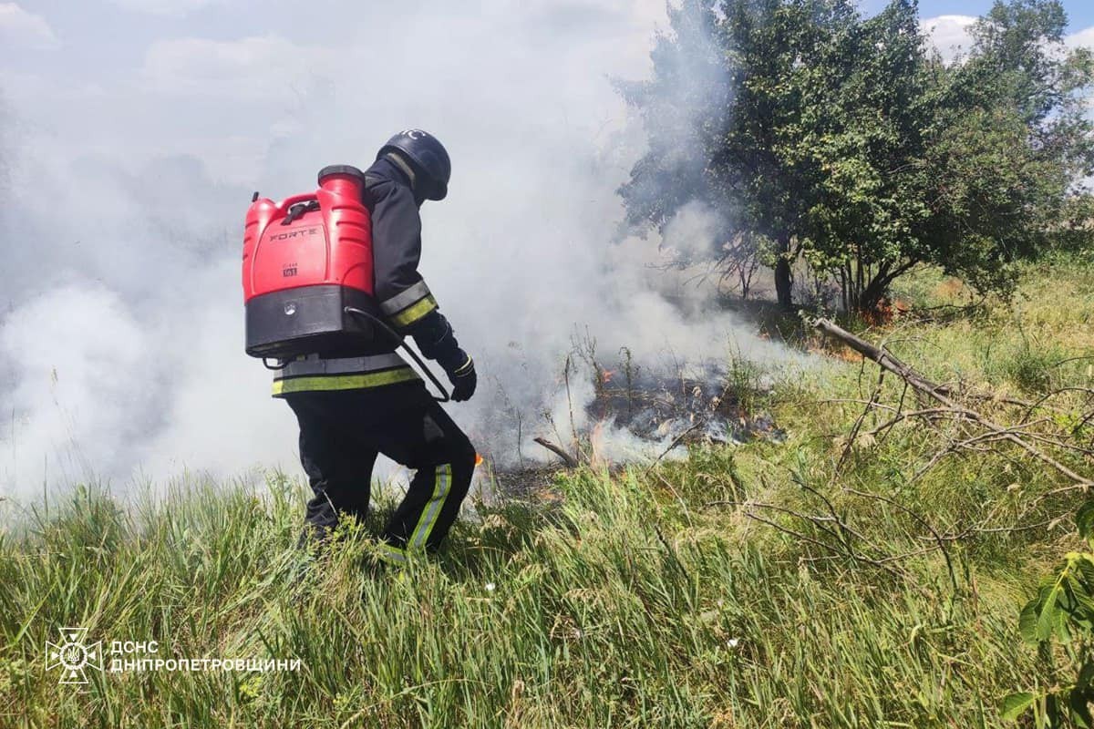 У Нікополі через обстріл вигоріло 2 гектари сухої трави, всього в області виникло 36 пожеж в екосистемах