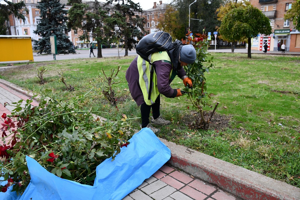 «Ці роботи символізують надію на краще»: у обстріляному Нікополі підрізають троянди, збирають листя, косять траву