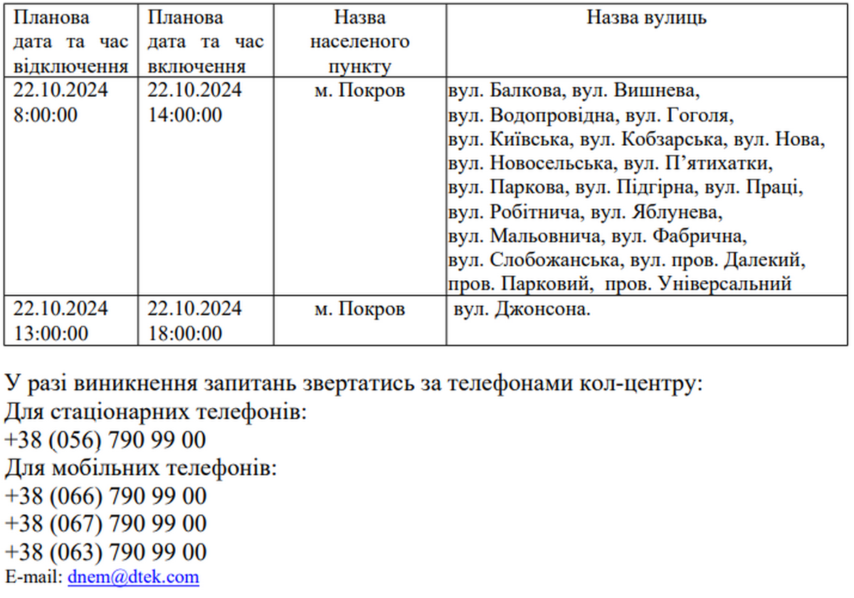 Де у Покрові 22 жовтня не буде світла