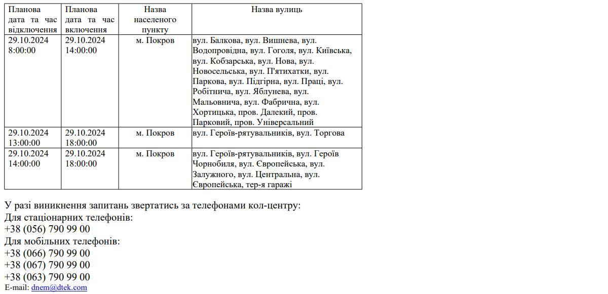  Де у Покрові 29 жовтня не буде світла