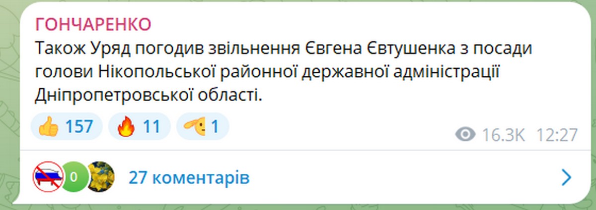 Уряд погодив звільнення Євгена Євтушенка з посади голови Нікопольської РВА – Гончаренко