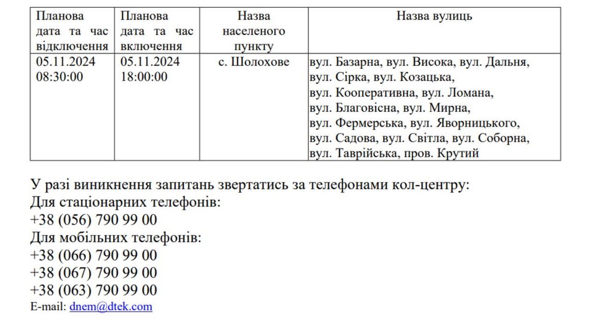 Де на Нікопольщині не буде світла 5 до 9 листопада