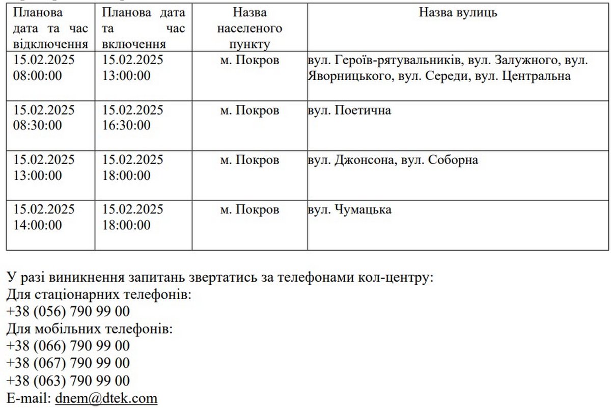 Де на Нікопольщині з 14 по 17 лютого не буде світла