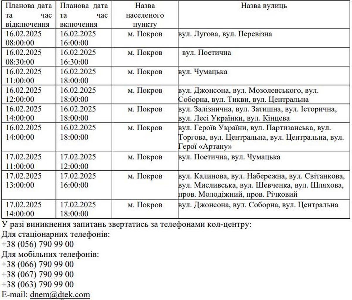 Де на Нікопольщині з 16 по 18 лютого не буде світла