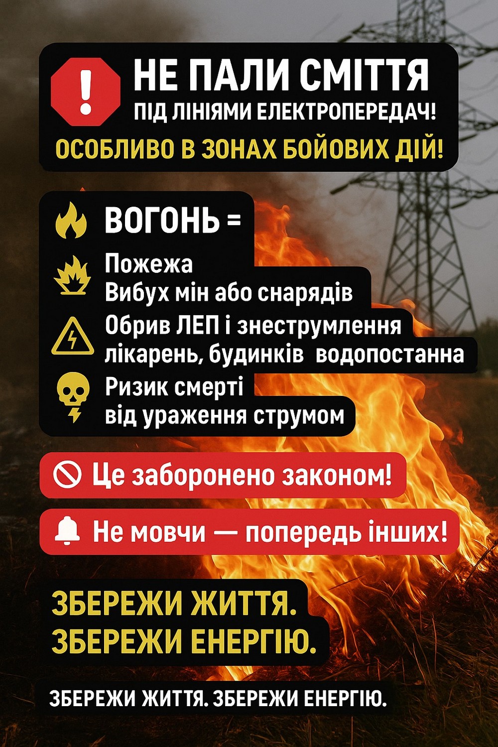 Це надзвичайно небезпечно! Мешканцям Нікополя нагадали про заборону спалювання сміття поблизу ЛЕП