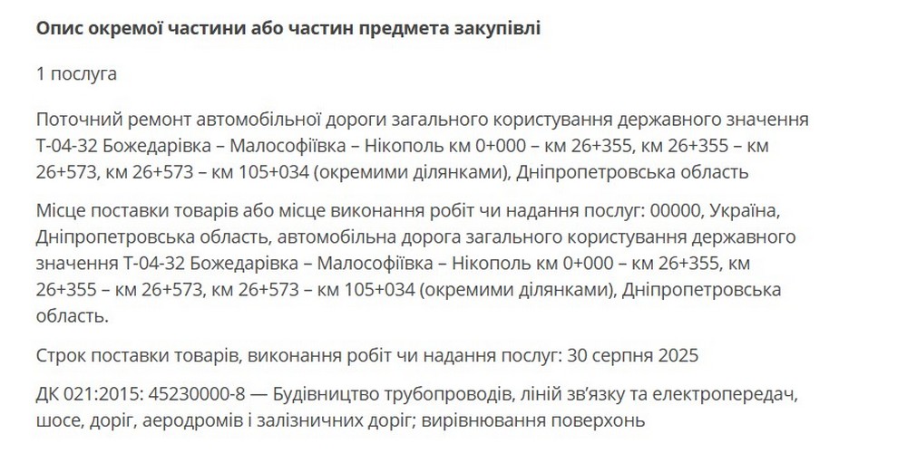 Заплановано поточний ремонт дороги Божедарівка–Малософіївка–Нікополь