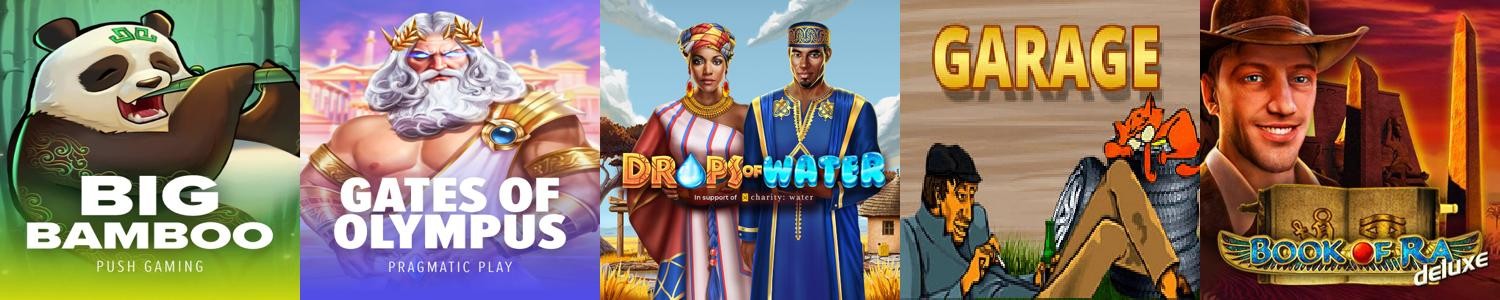 Big Bamboo (Push Gaming), Gates of Olympus (Pragmatic Play), Drops of Water (Amusement), Garage (Igrosoft), Book of Ra (Gaminator)