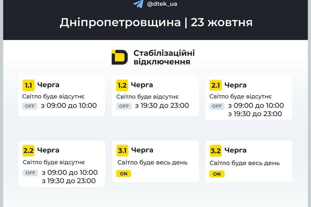 Оновлені графіки відключень світла на Дніпропетровщині на 23 жовтня