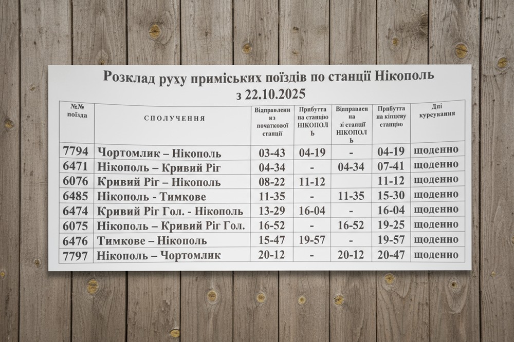 Розклад руху електричок по станції Нікополь на маршруті Нікополь-Кривий Ріг-Тимкове