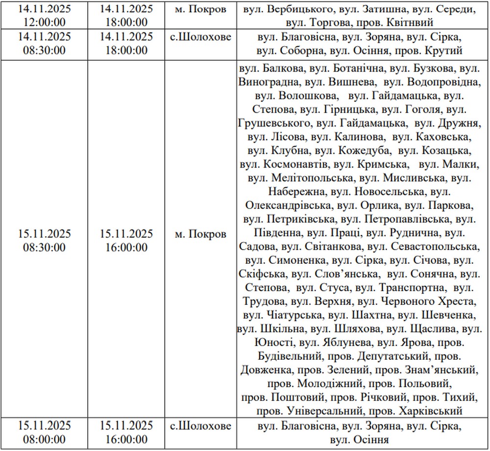 2 Масове відключення світла у Покрові анонсоване на 14 і 15 листопада – список адрес