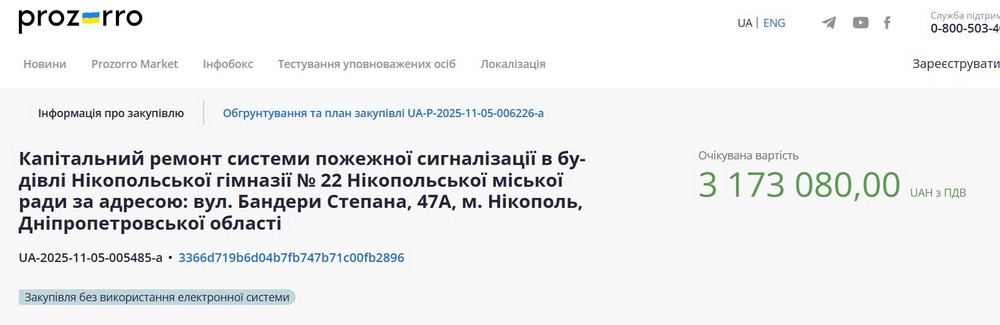 У Нікополі проведуть капремонт пожежної сигналізації в гімназії за понад 3 млн грн