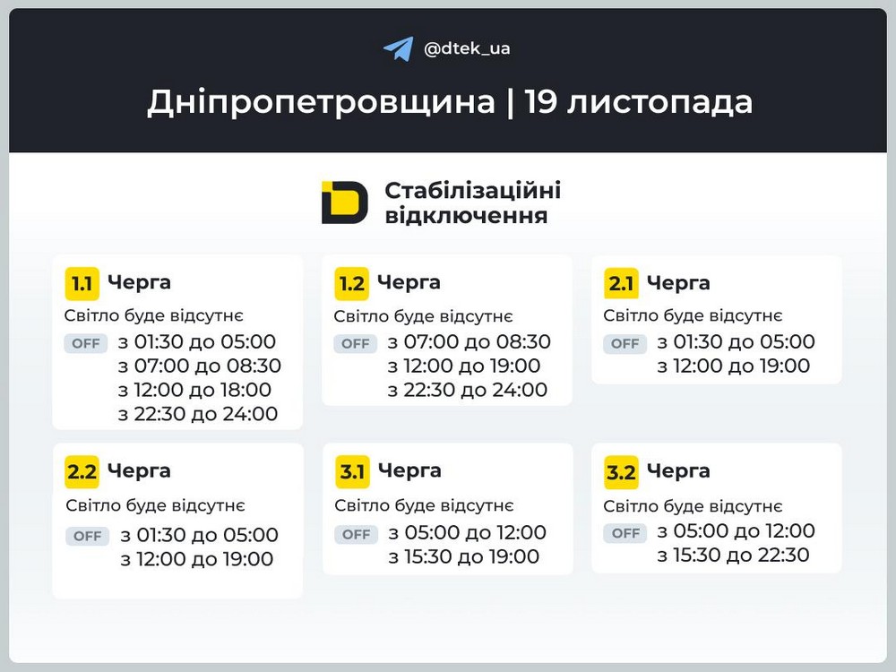 Дніпропетровщина: оновлені графіки відключень на 19 листопада