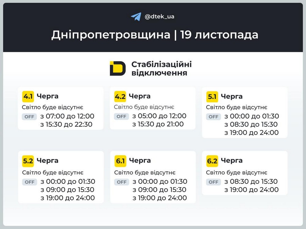 Дніпропетровщина: оновлені графіки відключень на 19 листопада
