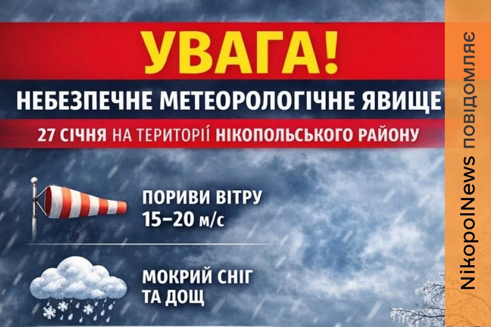 Мешканців Нікопольщини попередили про небезпечні метеорологічні явища: якою буде погода у Нікополі 27 січня 1 Мешканців Нікопольщини попередили про небезпечні метеорологічні явища: якою буде погода у Нікополі 27 січня