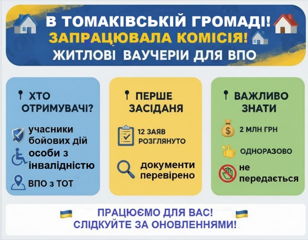 Житлові ваучери для ВПО у Томаківській громаді Житлові ваучери для ВПО у Томаківській громаді