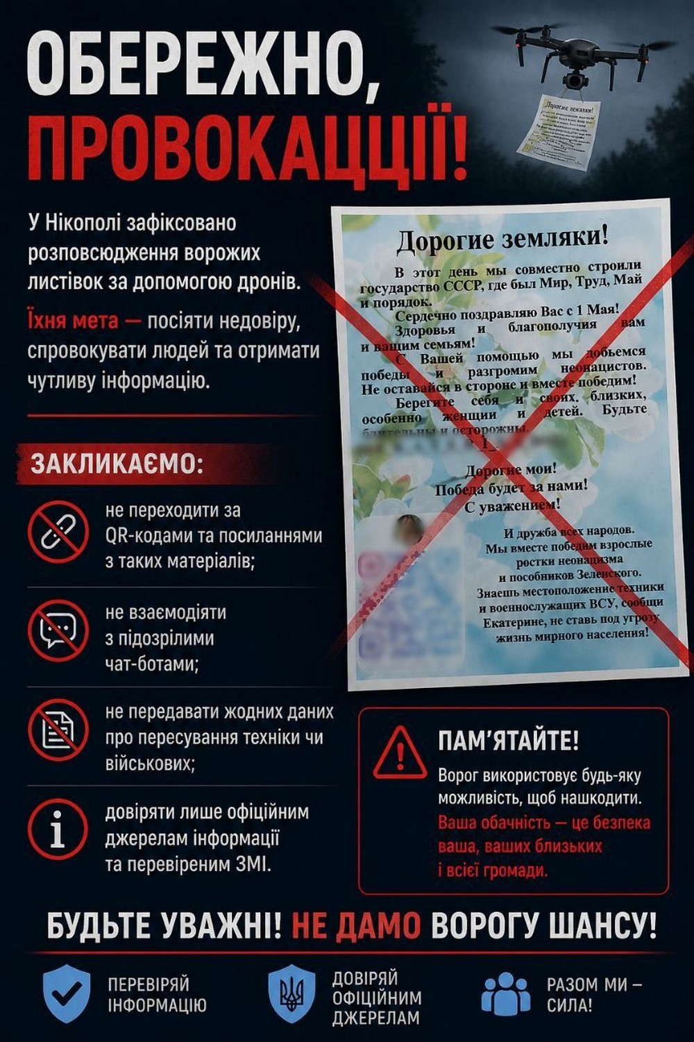 Не переходьте за QR-кодами! Нові ворожі листівки у Нікополі прокоментували у РВА