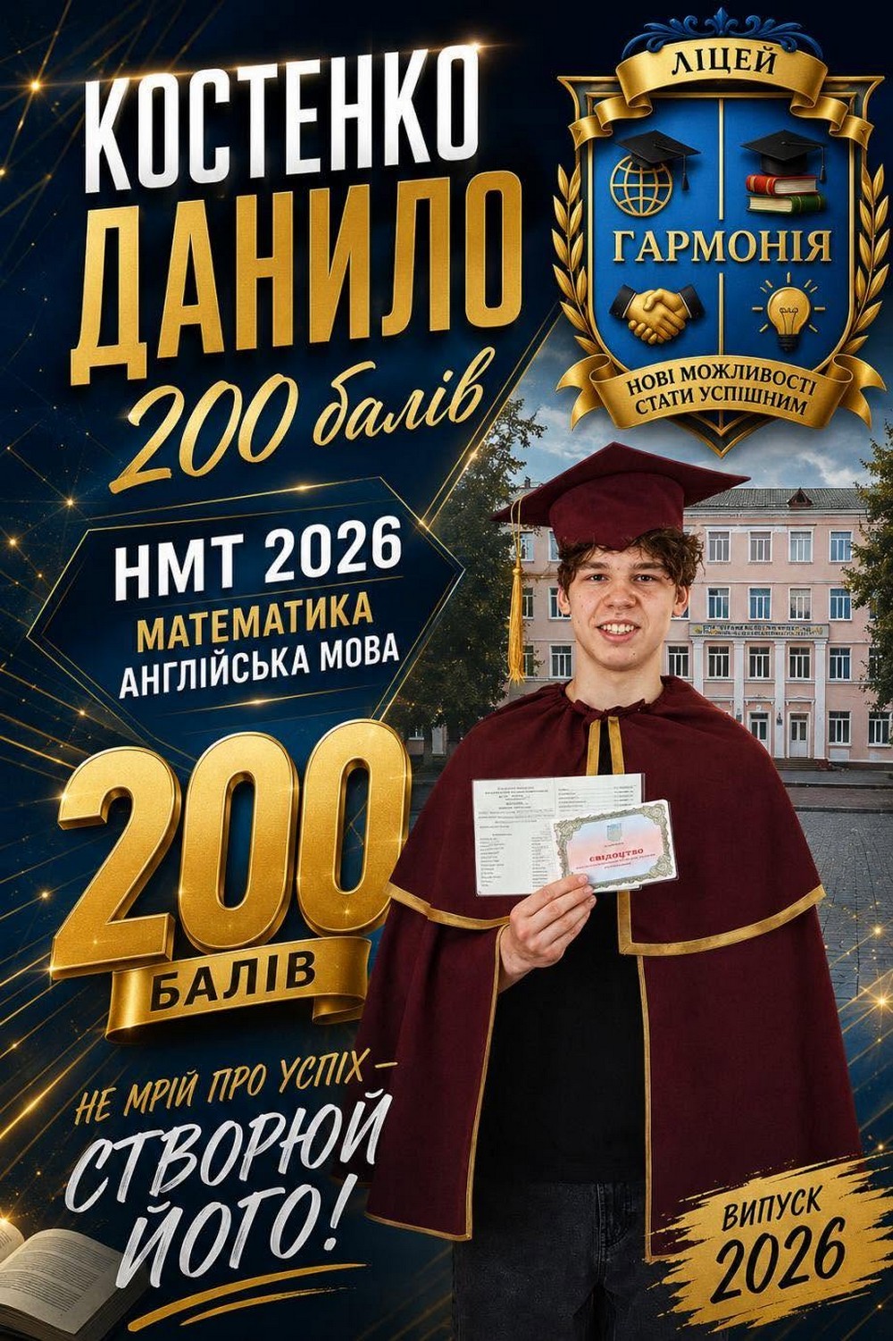 Подвійний максимальний результат! Випускник з Нікополя отримав 200 балів НМТ з двох предметів! Подвійний максимальний результат! Випускник з Нікополя отримав 200 балів НМТ з двох предметів!