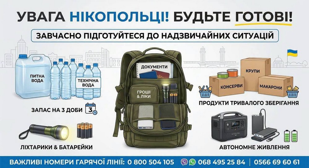 У зв’язку з тим, що безпекова ситуація в Нікополі залишається складною та може швидко погіршуватись, мешканцям нагадують про необхідність завчасно подбати про базові речі, які допоможуть бути готовими до змін та надзвичайних ситуацій. У зв’язку з тим, що безпекова ситуація в Нікополі залишається складною та може швидко погіршуватись, мешканцям нагадують про необхідність завчасно подбати про базові речі, які допоможуть бути готовими до змін та надзвичайних ситуацій.