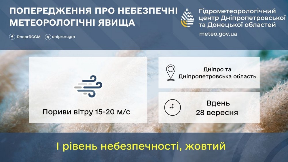 Мешканців Дніпропетровщини попередили про небезпечні метеорологічні явища 28 вересня Мешканців Дніпропетровщини попередили про небезпечні метеорологічні явища 28 вересня