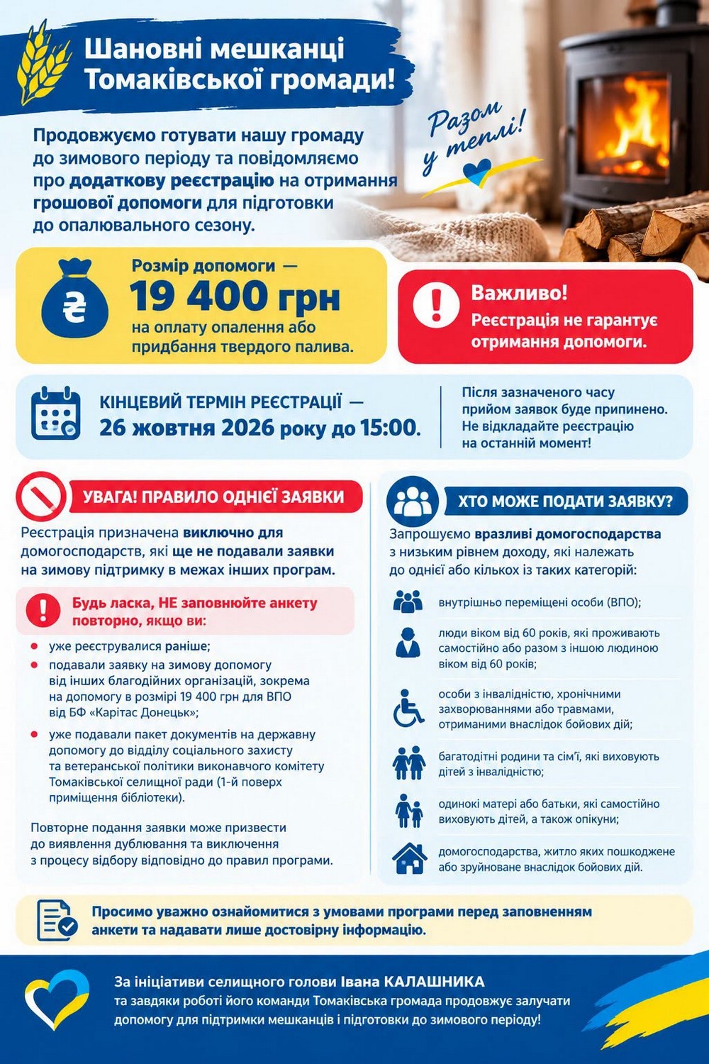 Оголошено додаткову реєстрацію на допомогу 19 400 грн у Томаківській громаді Оголошено додаткову реєстрацію на допомогу 19 400 грн у Томаківській громаді