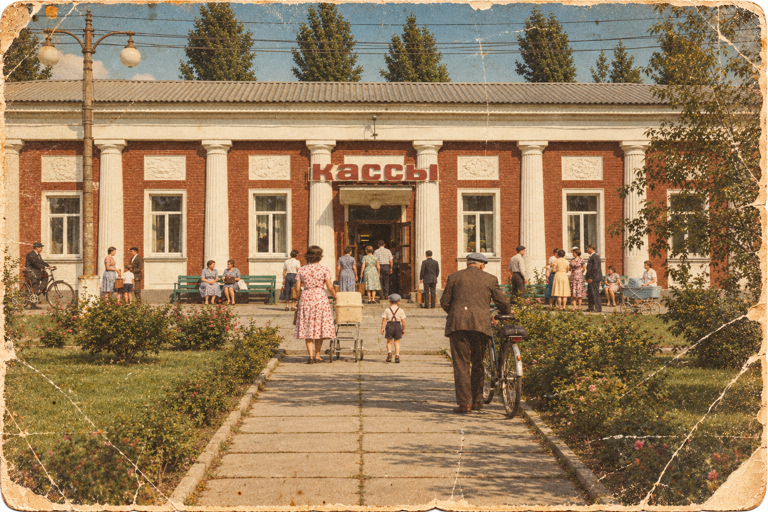 Вінтажне фото радянських кас із людьми в Нікопольському річковому порту