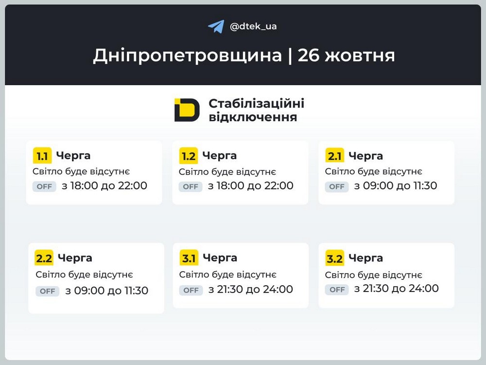 Введено графіки відключень світла на Дніпропетровщині на 26 жовтня. З ними можна ознайомитися. Введено графіки відключень світла на Дніпропетровщині на 26 жовтня. З ними можна ознайомитися.