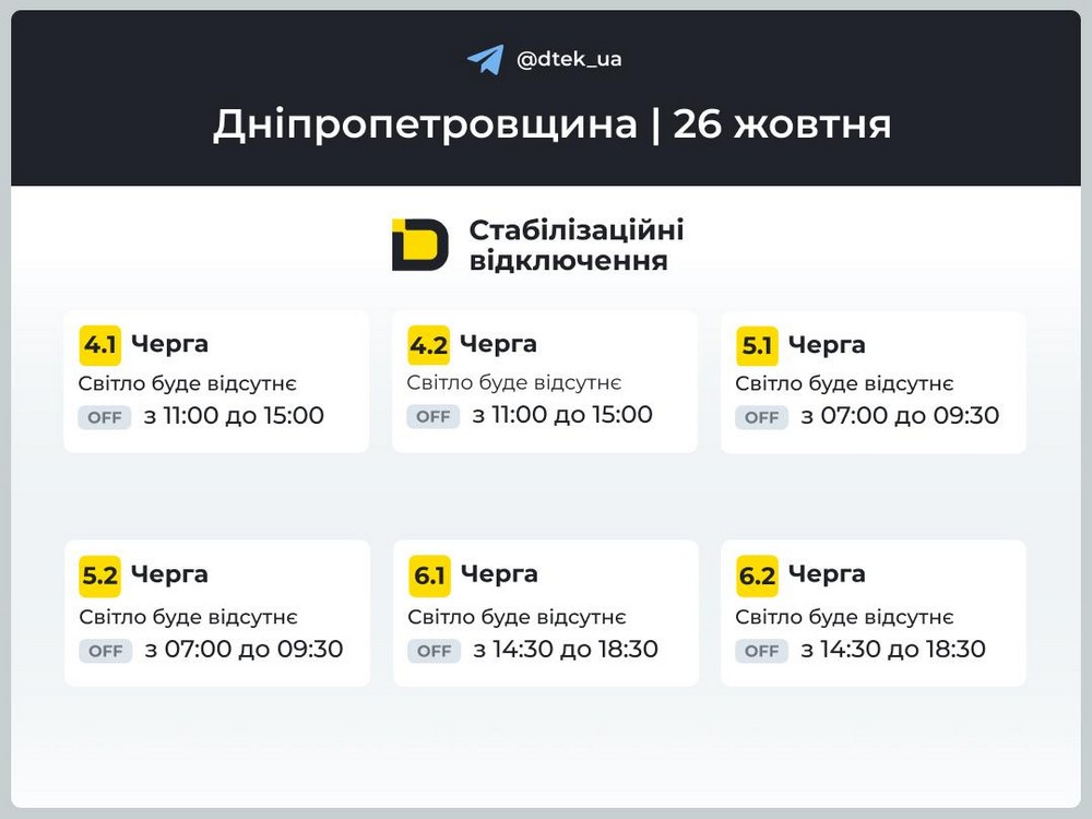 photo 2026 10 26 07 32 07 Введено графіки відключень світла на Дніпропетровщині на 26 жовтня. З ними можна ознайомитися.